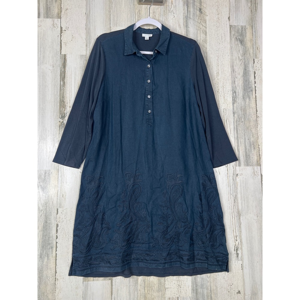 J. Jill Dress M Navy Blue Linen Embroidered Pop-over Coastal Mixed Media